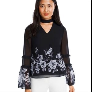 WHBM Black and White Floral Bell Sleeves Choker Blouse